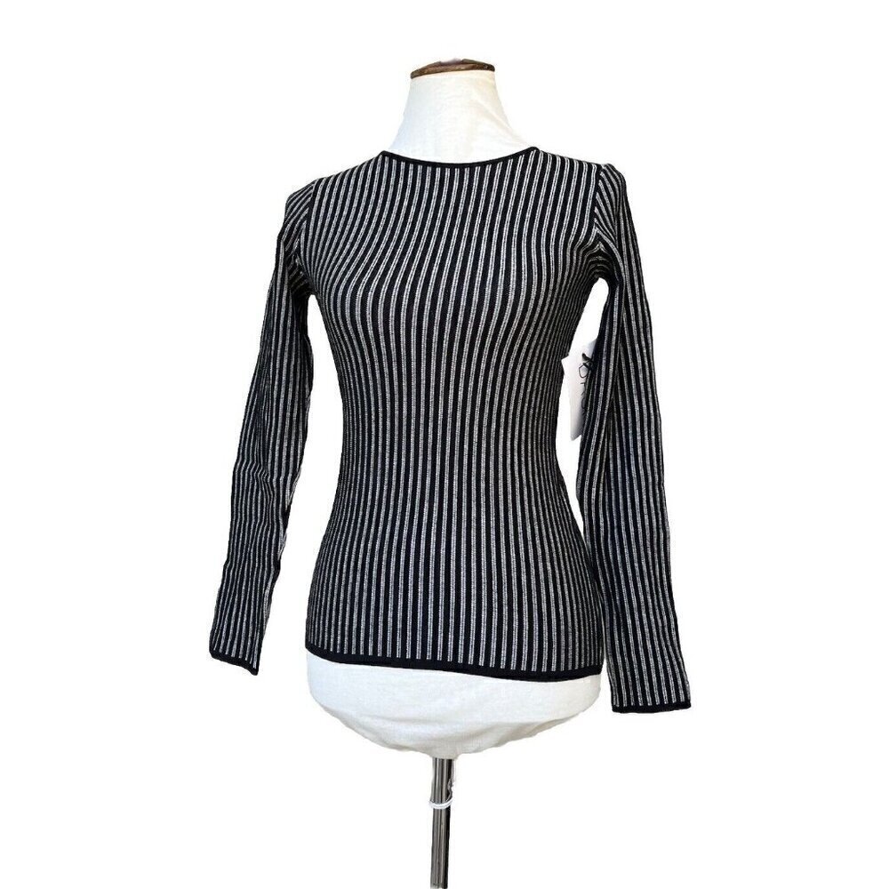RVN Womens Black Striped Ribbed Long Sleeve Stretch Knit Striped Top  Dash - Picture 13 of 13